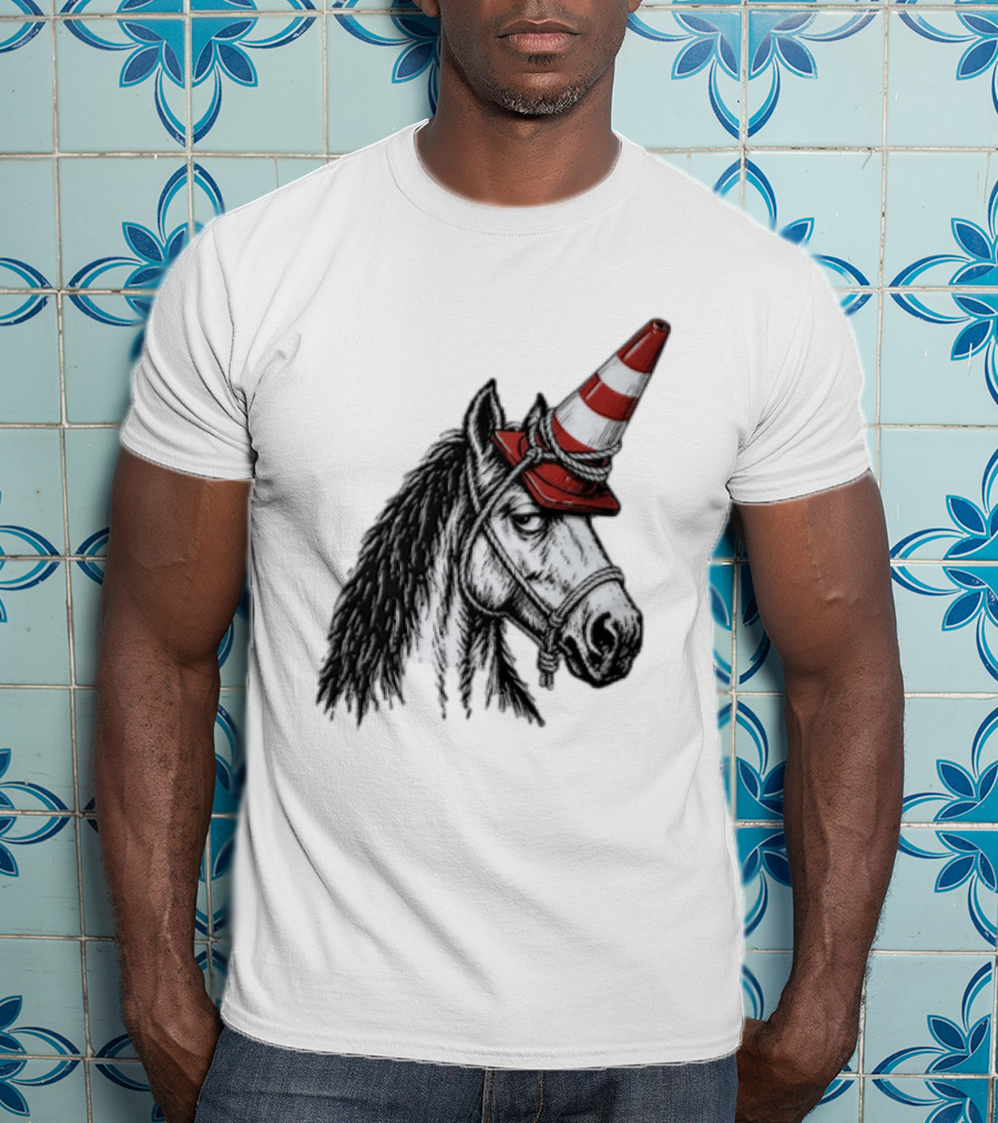 Horse Wearing Red Traffic Cone Hat Rope Accessory T-Shirt