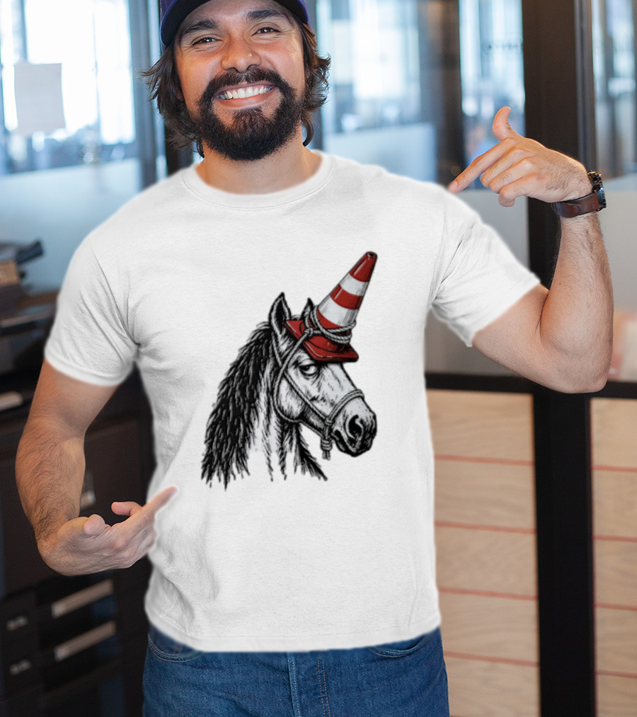 Horse Wearing Red Traffic Cone Hat Rope Accessory T-Shirt