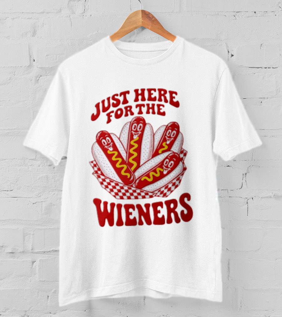 Just Here For The Wieners Four Cartoon Hot Dogs Mustard T-Shirt