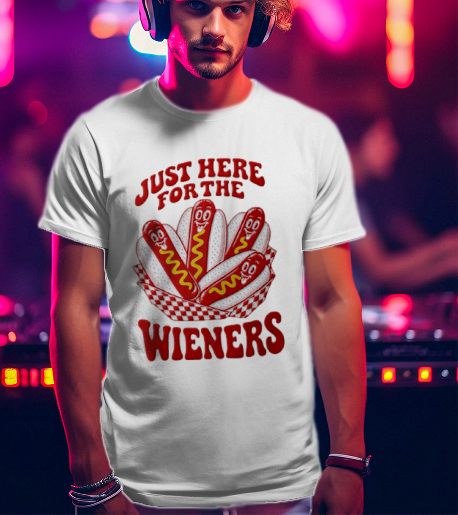 Just Here For The Wieners Four Cartoon Hot Dogs Mustard T-Shirt