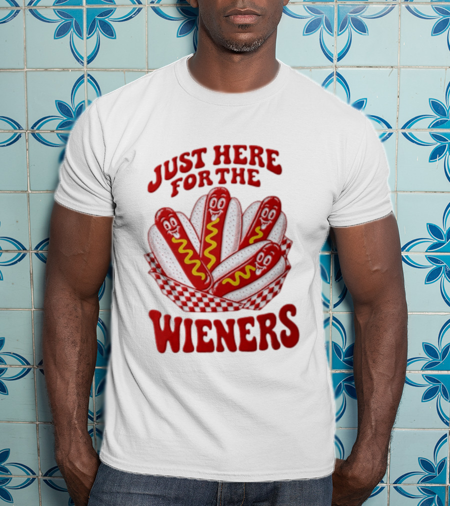 Just Here For The Wieners Four Cartoon Hot Dogs Mustard T-Shirt