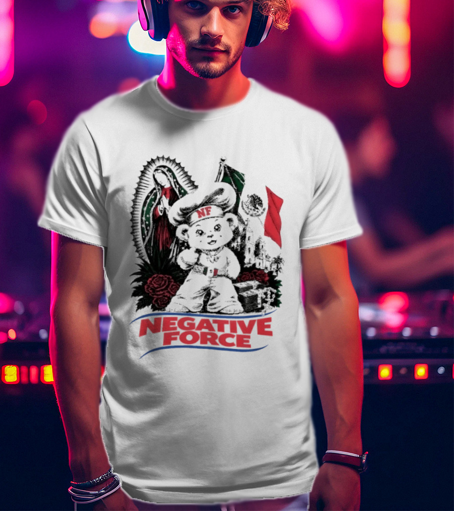 Negative Force Bear With Mexican Flag Virgin Mary Roses T-Shirt