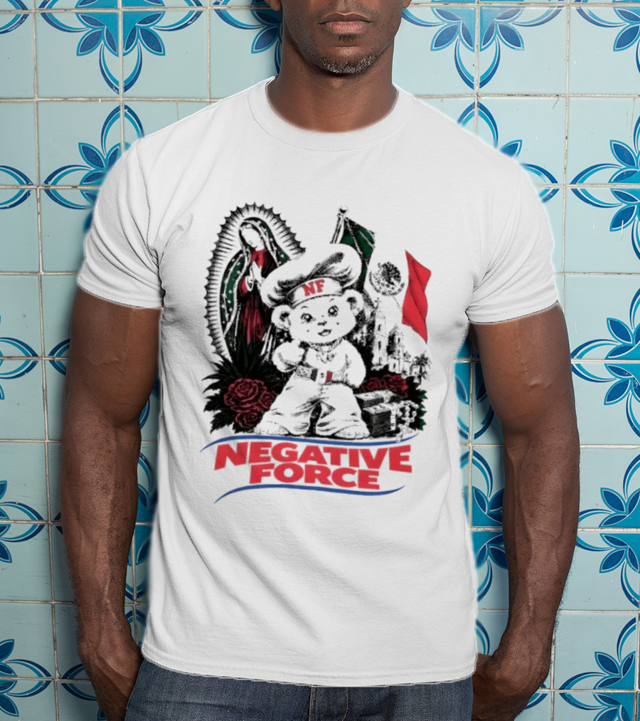 Negative Force Bear With Mexican Flag Virgin Mary Roses T-Shirt