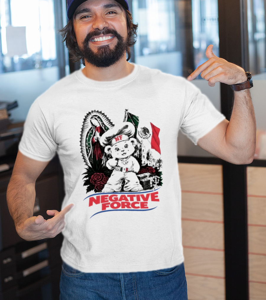 Negative Force Bear With Mexican Flag Virgin Mary Roses T-Shirt