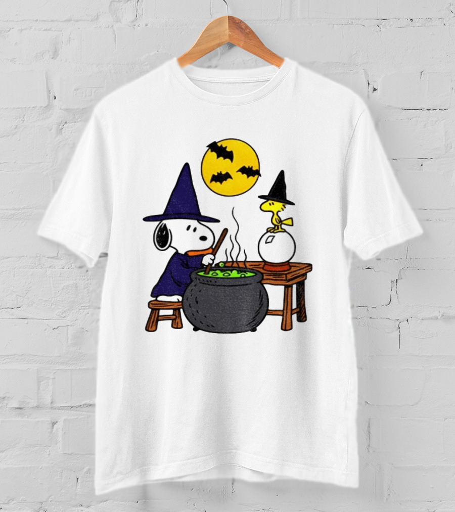 Snoopy Witch Cauldron Woodstock Crystal Ball Halloween Moon Bats T-Shirt