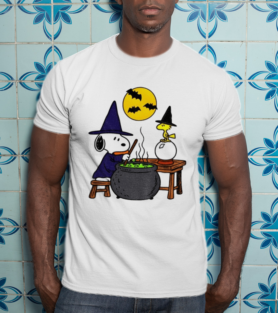 Snoopy Witch Cauldron Woodstock Crystal Ball Halloween Moon Bats T-Shirt
