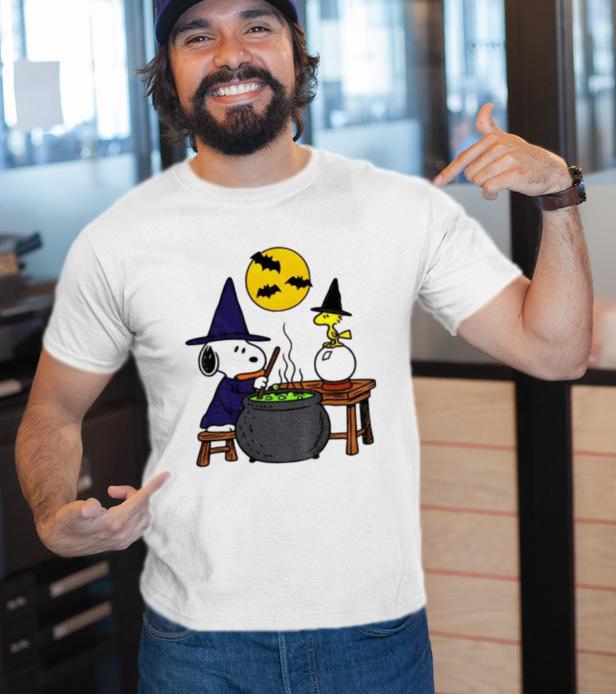 Snoopy Witch Cauldron Woodstock Crystal Ball Halloween Moon Bats T-Shirt