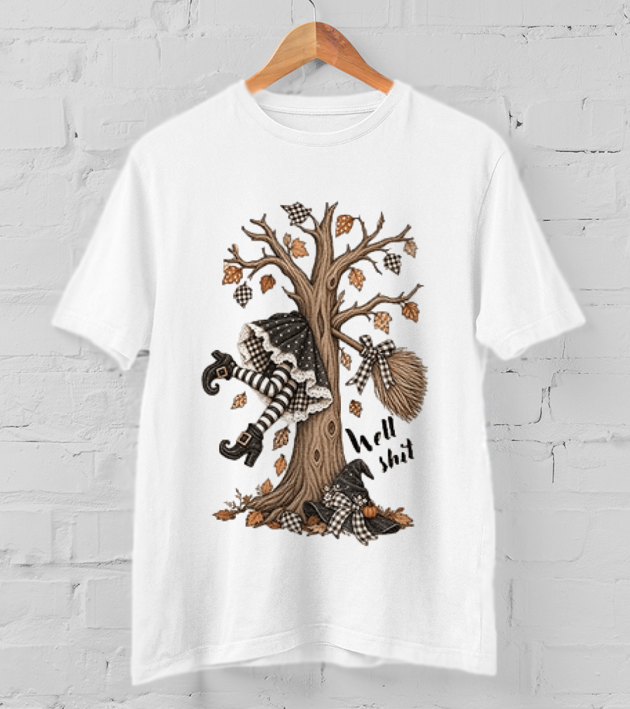 Well Shit Witch Halloween Tree Broom Black White Stripes Autumn Leaves T-Shirt