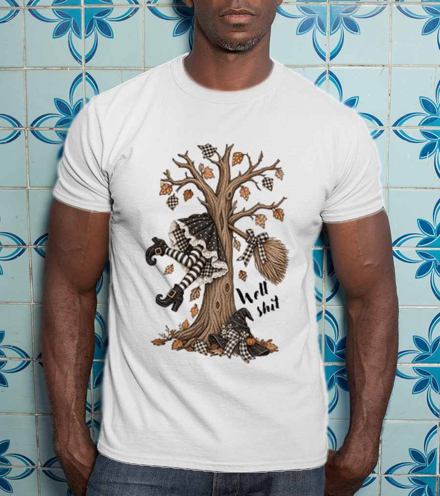 Well Shit Witch Halloween Tree Broom Black White Stripes Autumn Leaves T-Shirt