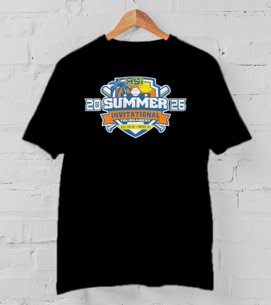 MSI Summer Invitational Tournament 2026 July 10 12 Aston PA Baseball Bat Beach Palm Tree Sunburst T-Shirt