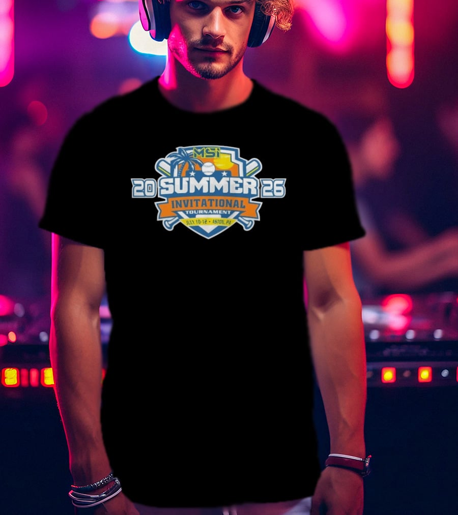 MSI Summer Invitational Tournament 2026 July 10 12 Aston PA Baseball Bat Beach Palm Tree Sunburst T-Shirt