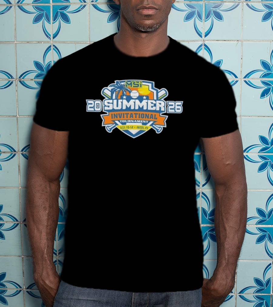 MSI Summer Invitational Tournament 2026 July 10 12 Aston PA Baseball Bat Beach Palm Tree Sunburst T-Shirt