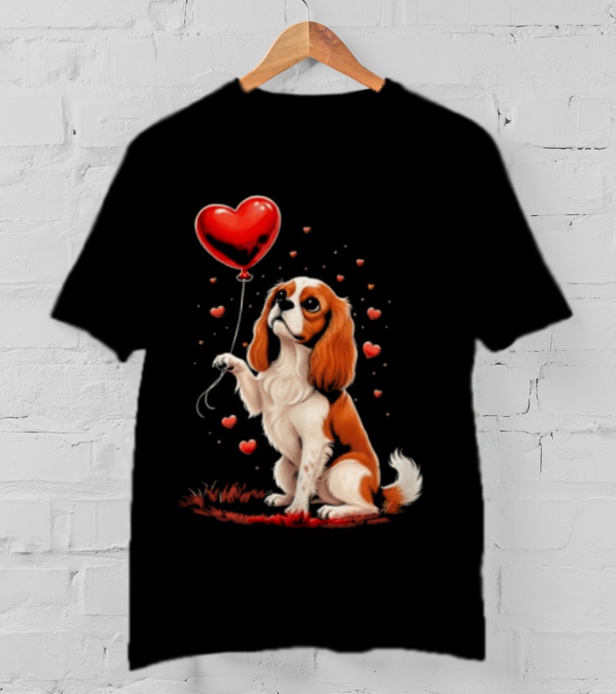 Cavalier King Charles Spaniel With Heart Balloon Surrounded By Floating Hearts T-Shirt