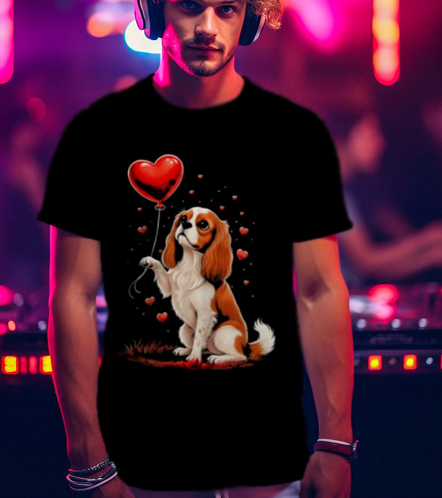 Cavalier King Charles Spaniel With Heart Balloon Surrounded By Floating Hearts T-Shirt