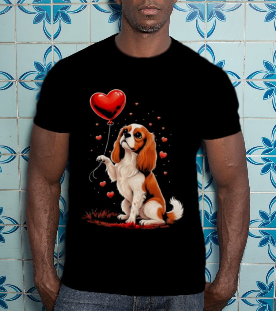 Cavalier King Charles Spaniel With Heart Balloon Surrounded By Floating Hearts T-Shirt