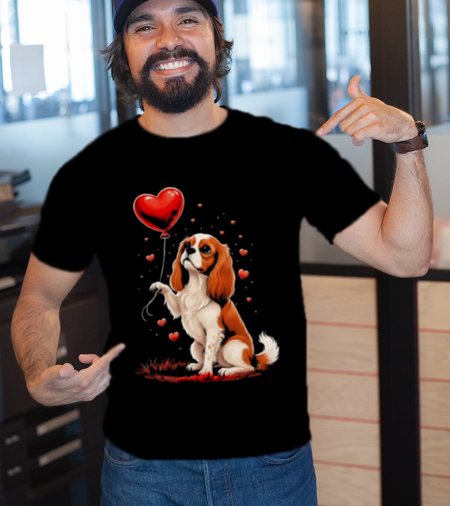 Cavalier King Charles Spaniel With Heart Balloon Surrounded By Floating Hearts T-Shirt