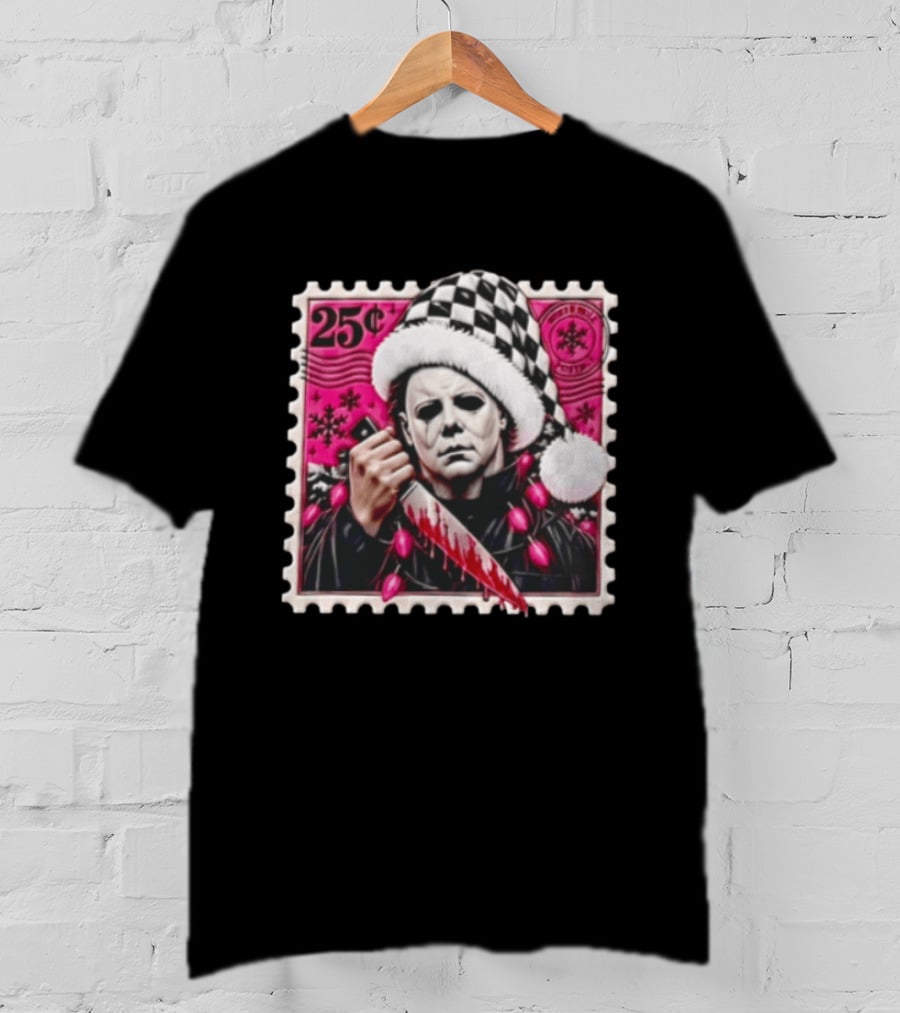 Cincinnati Bengals Michael Myers 25 Cent Checkerboard Santa Hat Holding Knife Pink T-Shirt