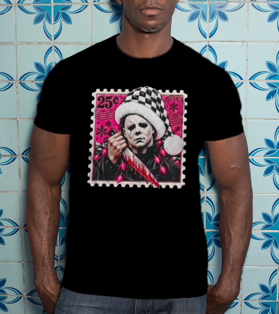 Cincinnati Bengals Michael Myers 25 Cent Checkerboard Santa Hat Holding Knife Pink T-Shirt