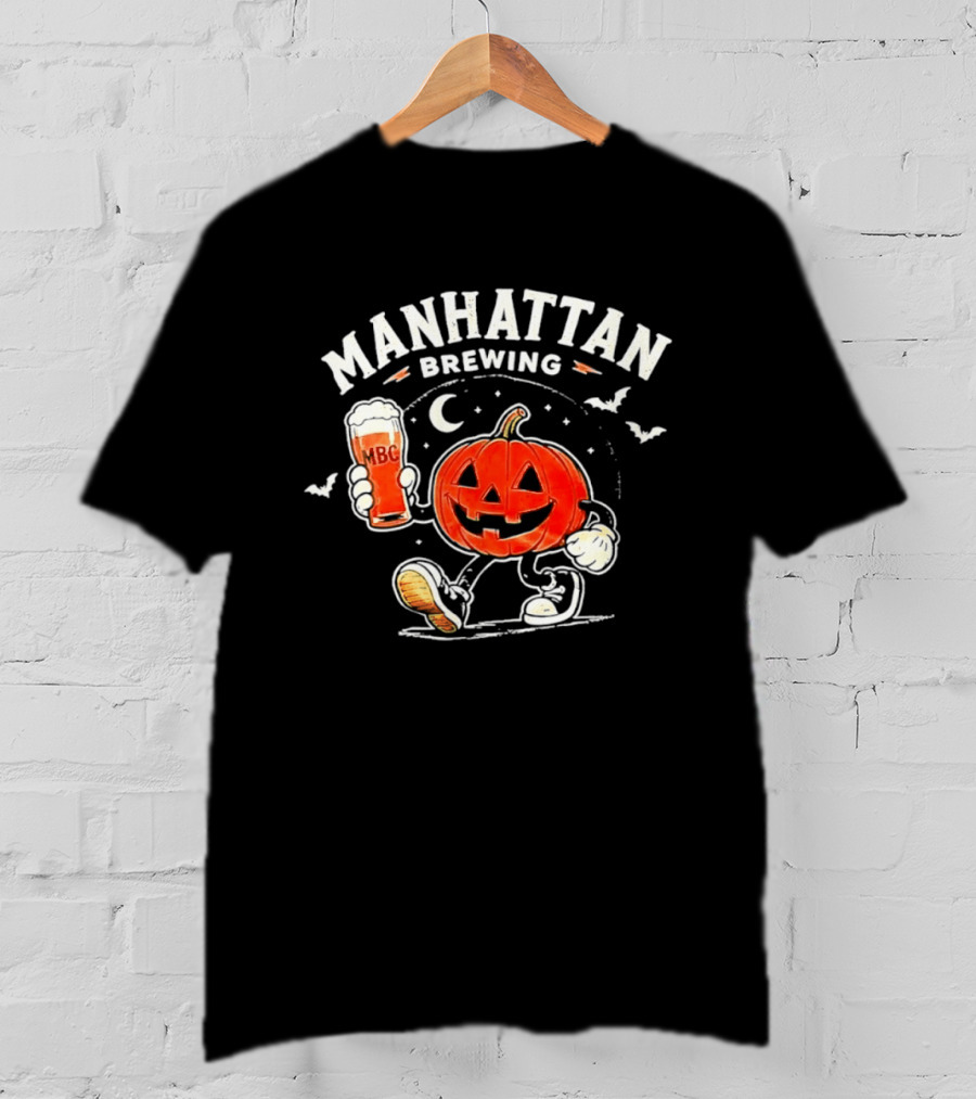 Manhattan Brewing Distressed Pumpkin Moon Walking Beer Halloween T-Shirt