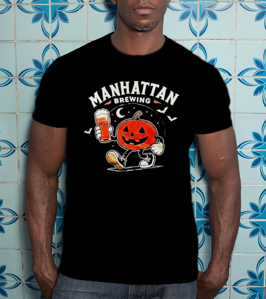 Manhattan Brewing Distressed Pumpkin Moon Walking Beer Halloween T-Shirt