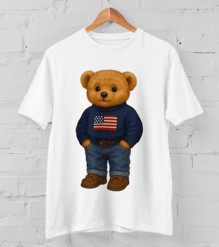 Polo Bear Sweater With American Flag Knit Fashion T-Shirt