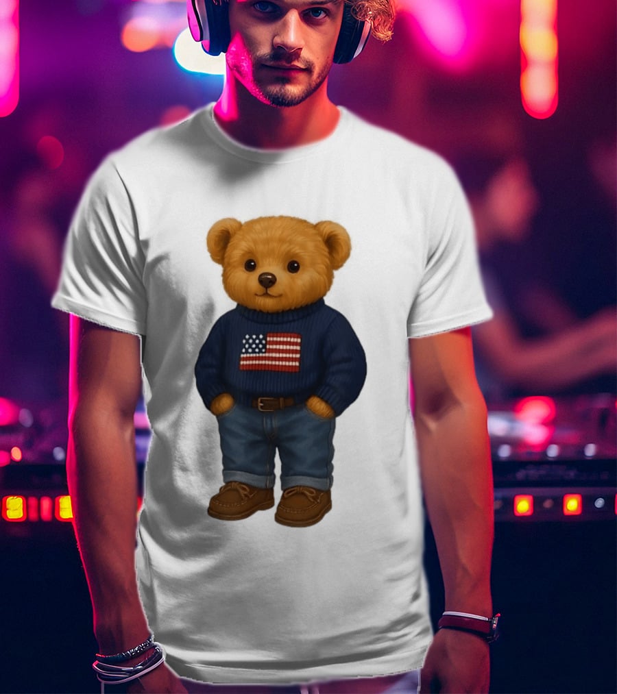 Polo Bear Sweater With American Flag Knit Fashion T-Shirt