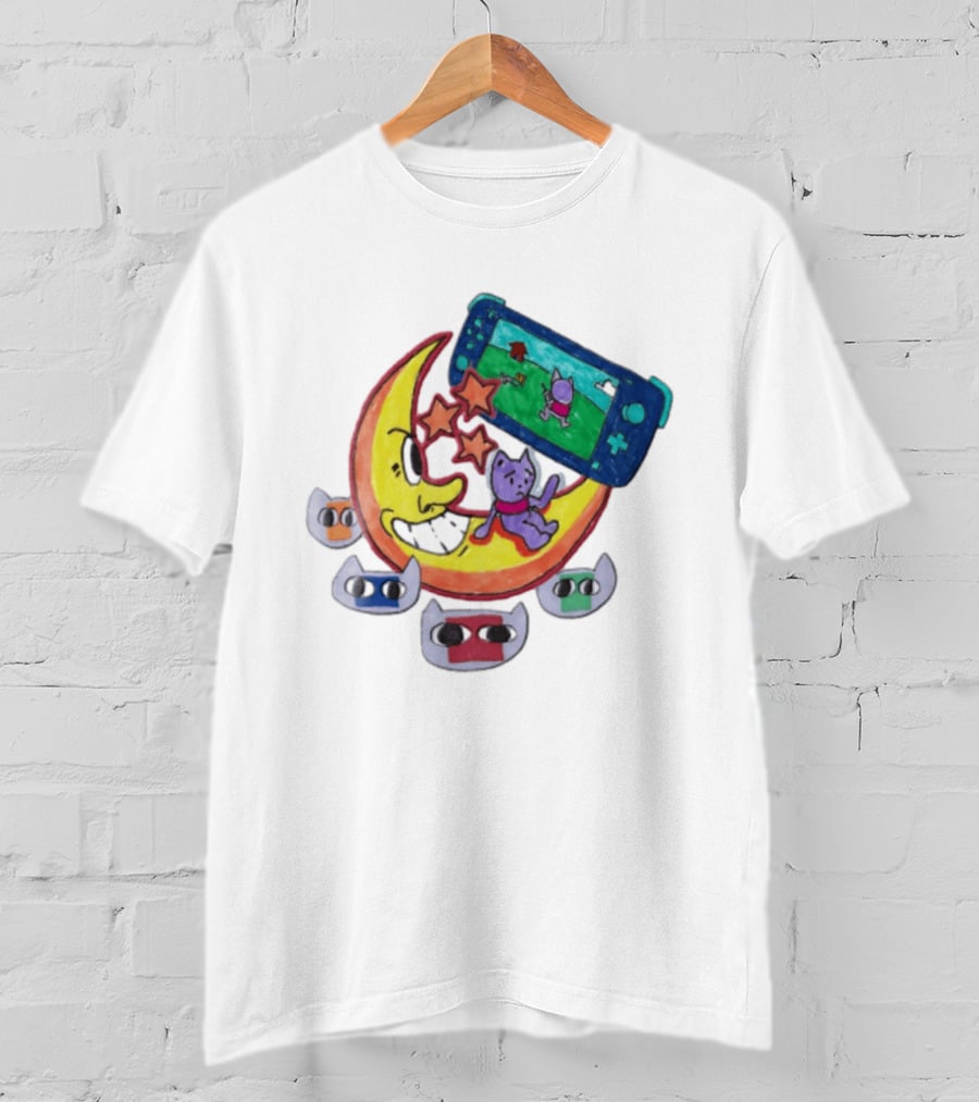 Purple Bear Gaming On Moon With Sunflowers And Dogs Whimsical Two Sided T-Shirt