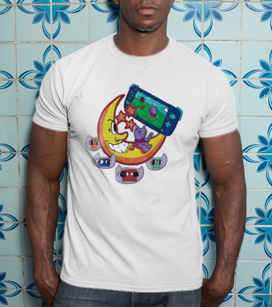 Purple Bear Gaming On Moon With Sunflowers And Dogs Whimsical Two Sided T-Shirt