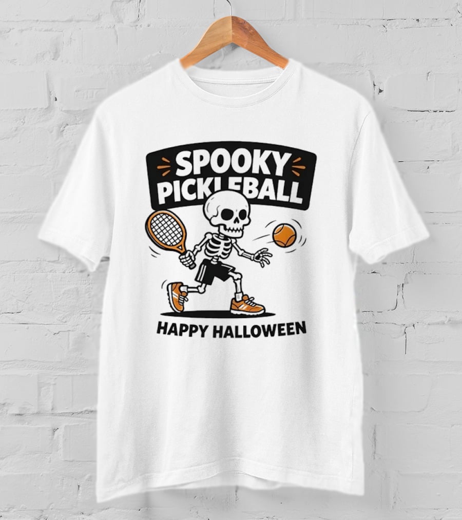 Spooky Pickleball Skeleton Halloween T-Shirt