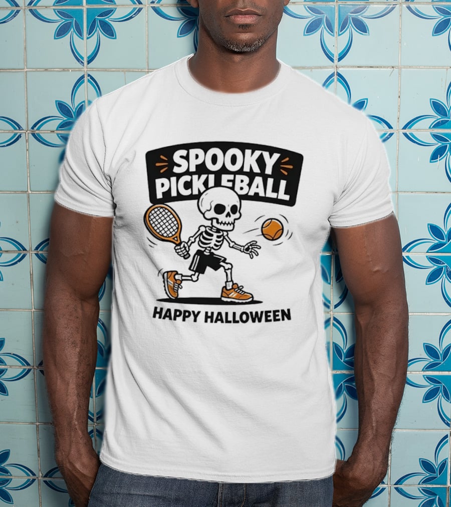 Spooky Pickleball Skeleton Halloween T-Shirt