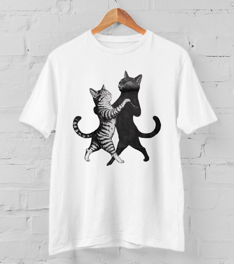 Two Cats Dancing Together Feline Black And White Playful Duo T-Shirt