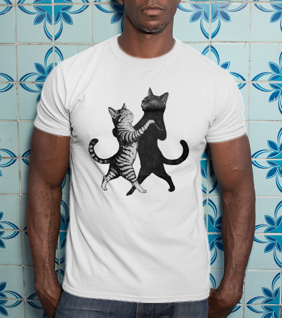 Two Cats Dancing Together Feline Black And White Playful Duo T-Shirt