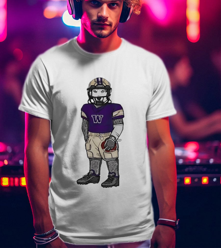 Washington Huskies Football Player Husky Mascot With Purple Jersey T-Shirt