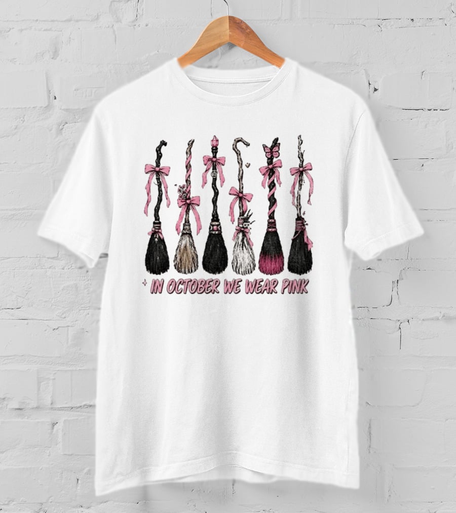 In October We Wear Pink Witch Brooms Breast Cancer Awareness T-Shirt