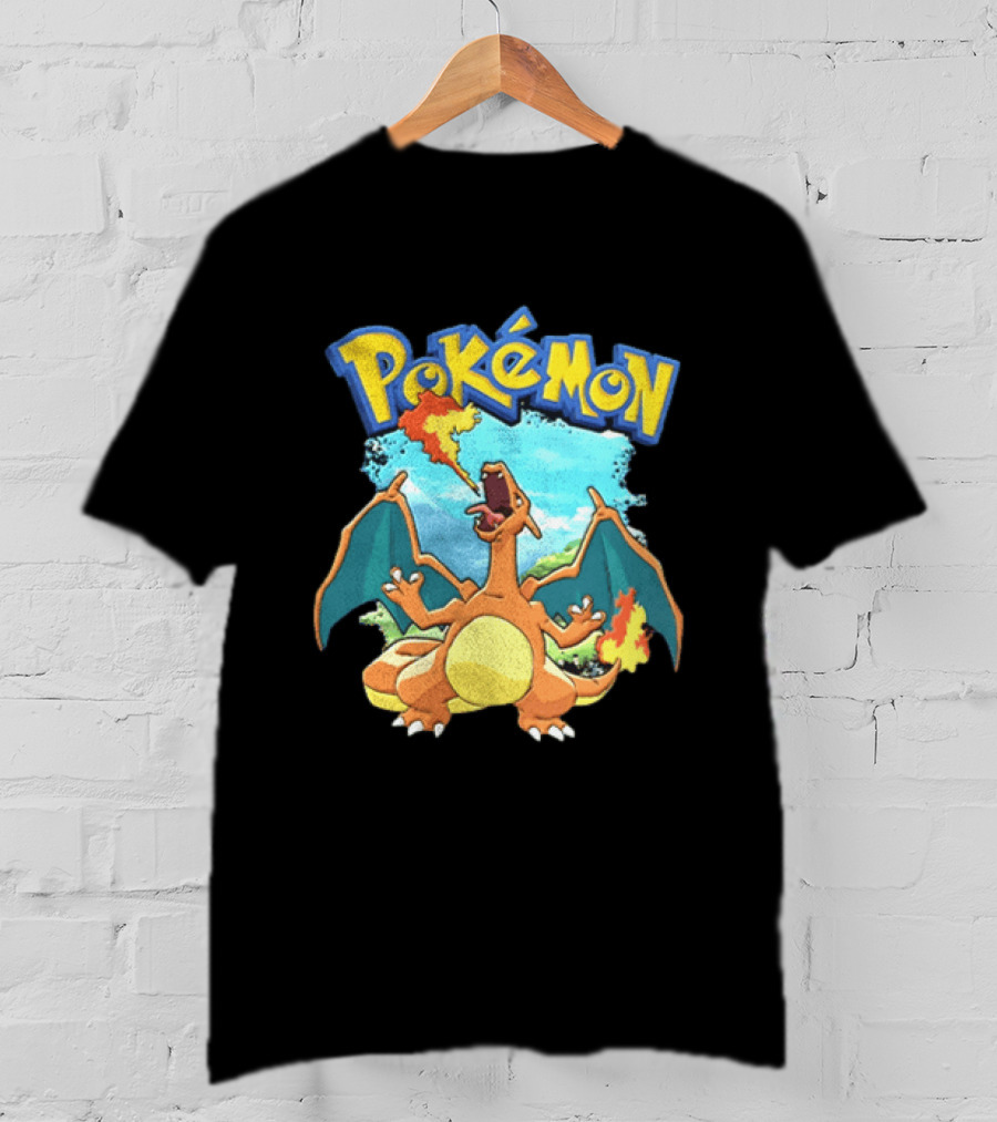 Pokemon Charizard Breathing Fire In Green Landscape T-Shirt