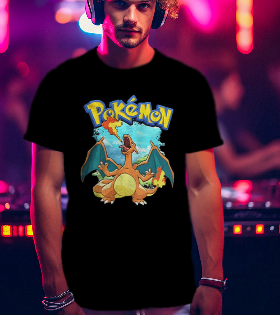 Pokemon Charizard Breathing Fire In Green Landscape T-Shirt