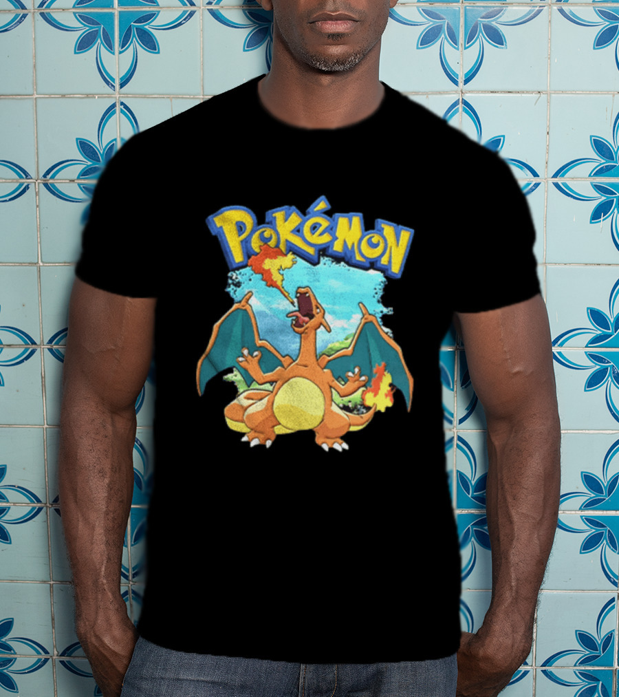 Pokemon Charizard Breathing Fire In Green Landscape T-Shirt