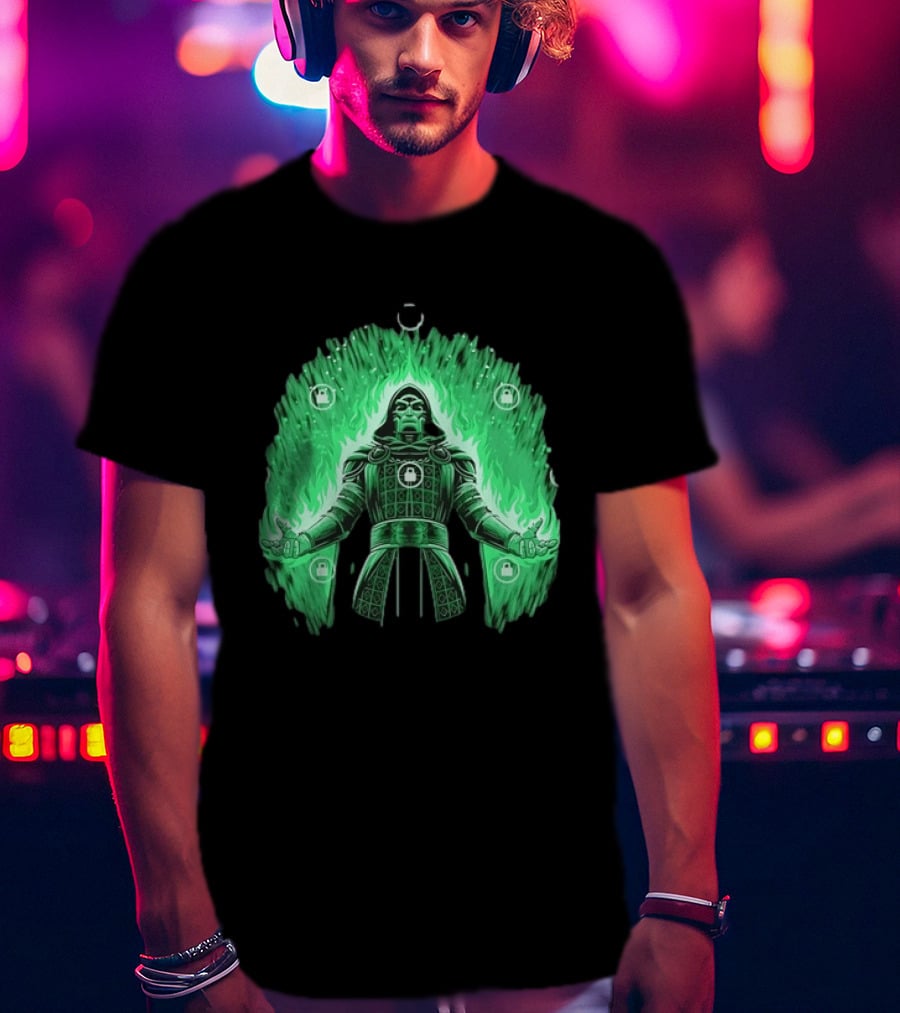 Doctor Doom Marvel Villain Green Flame Power Locked T-Shirt