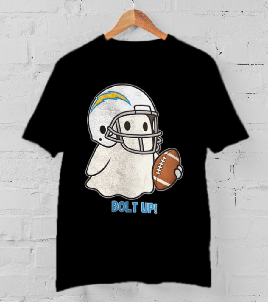 Los Angeles Chargers Bolt Up Ghost Football Helmet Holding Ball T-Shirt