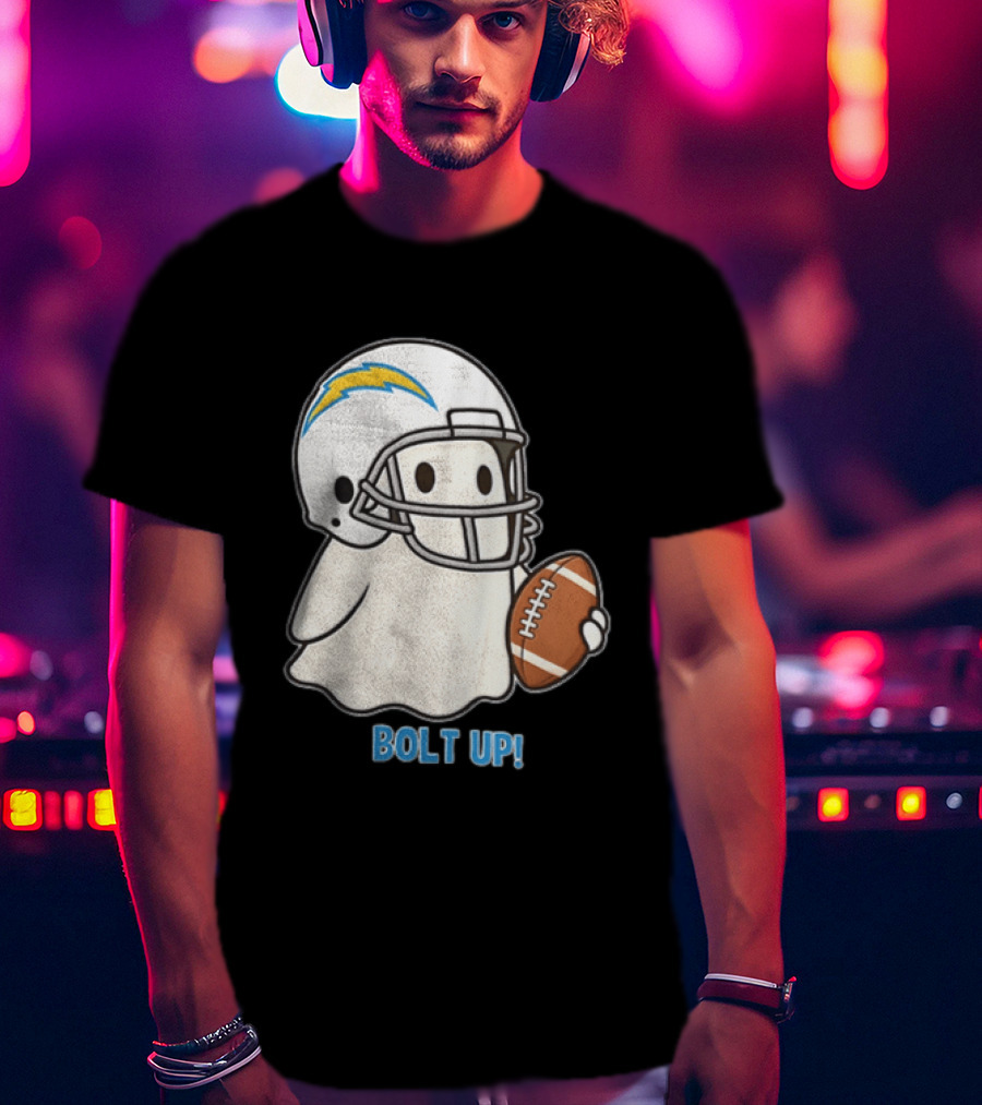Los Angeles Chargers Bolt Up Ghost Football Helmet Holding Ball T-Shirt