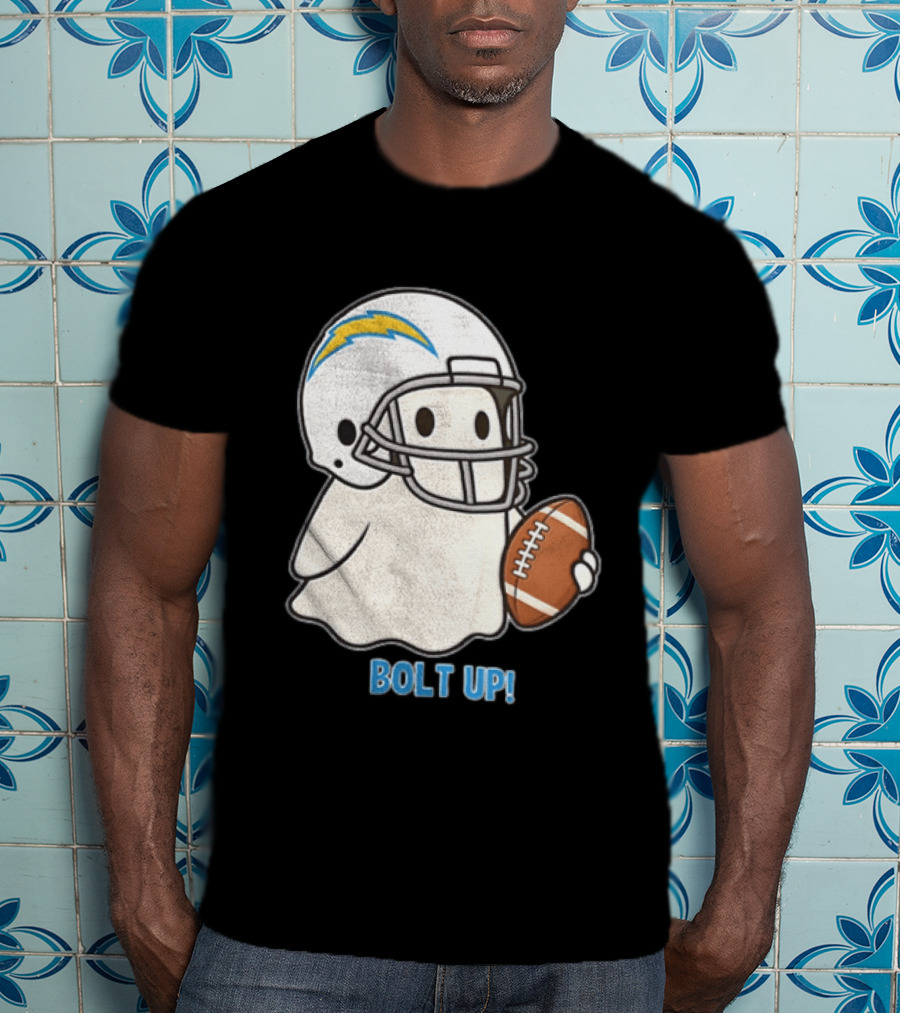 Los Angeles Chargers Bolt Up Ghost Football Helmet Holding Ball T-Shirt