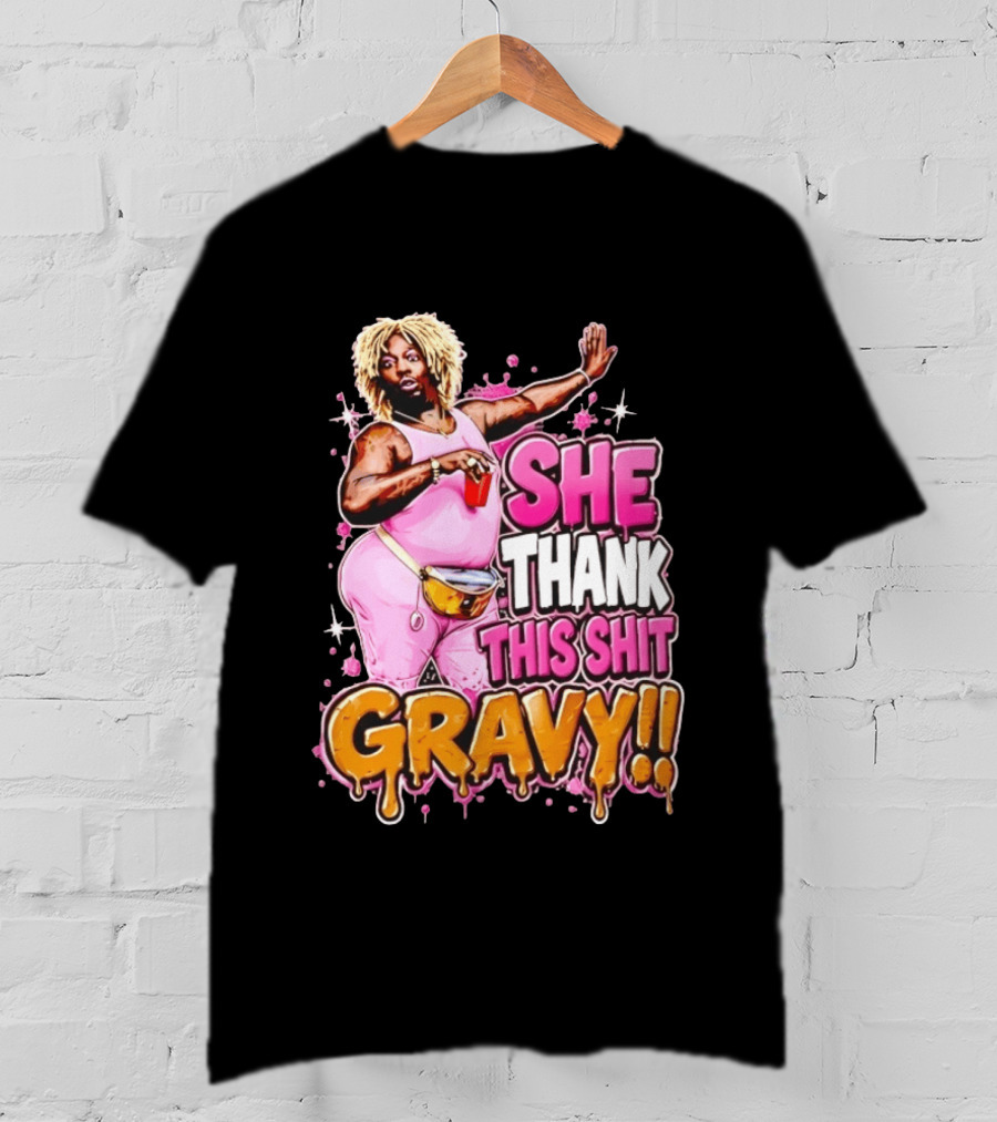 Yung Gravy She Thank This Shit Gravy Rapper Pink Outfit Drink Pose T-Shirt