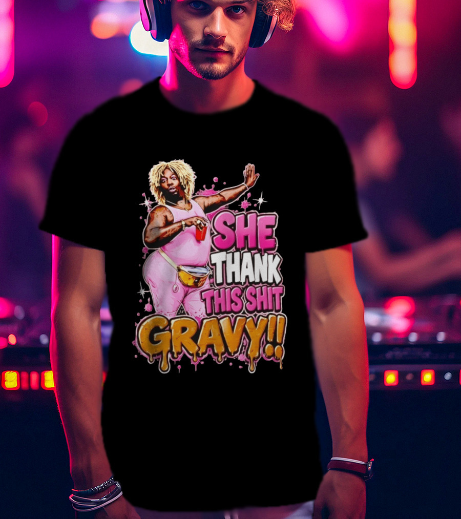 Yung Gravy She Thank This Shit Gravy Rapper Pink Outfit Drink Pose T-Shirt