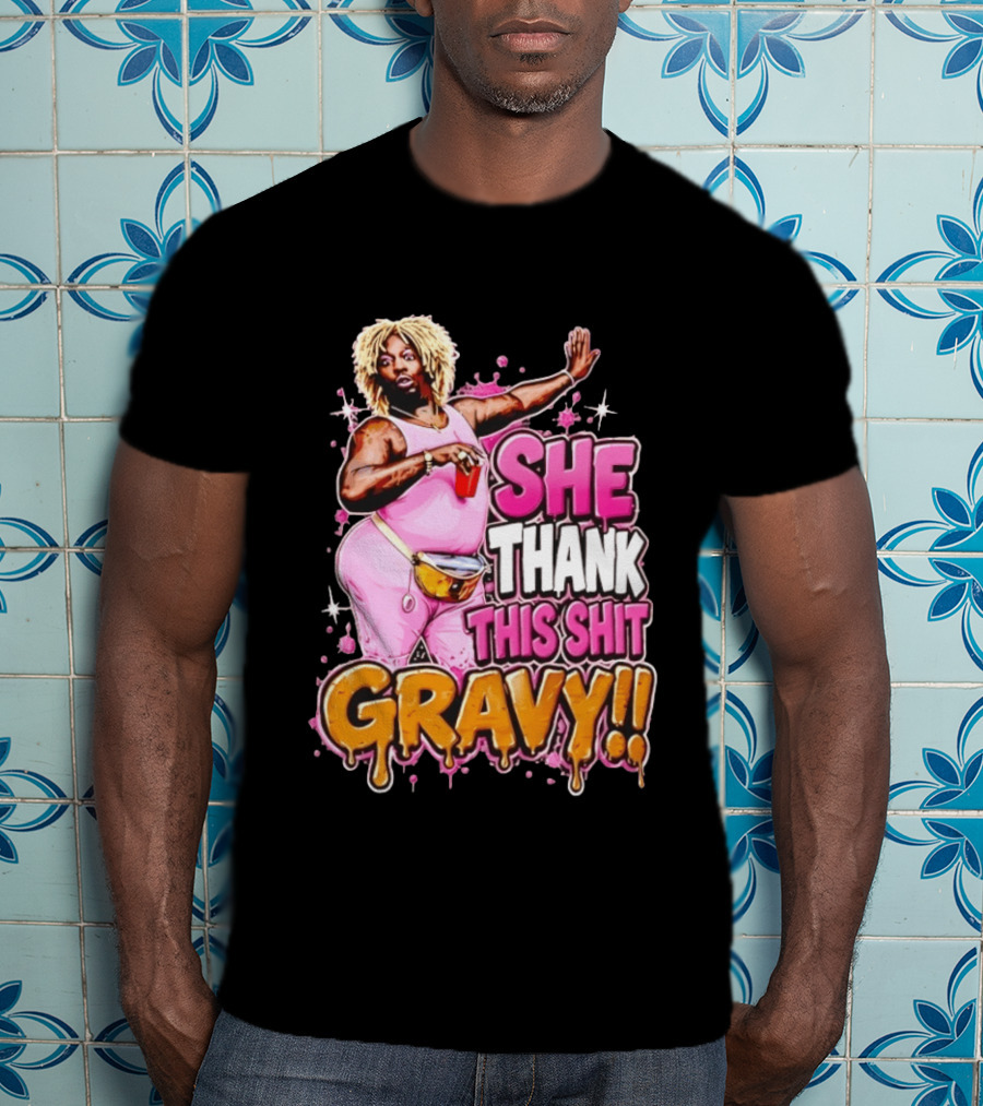 Yung Gravy She Thank This Shit Gravy Rapper Pink Outfit Drink Pose T-Shirt