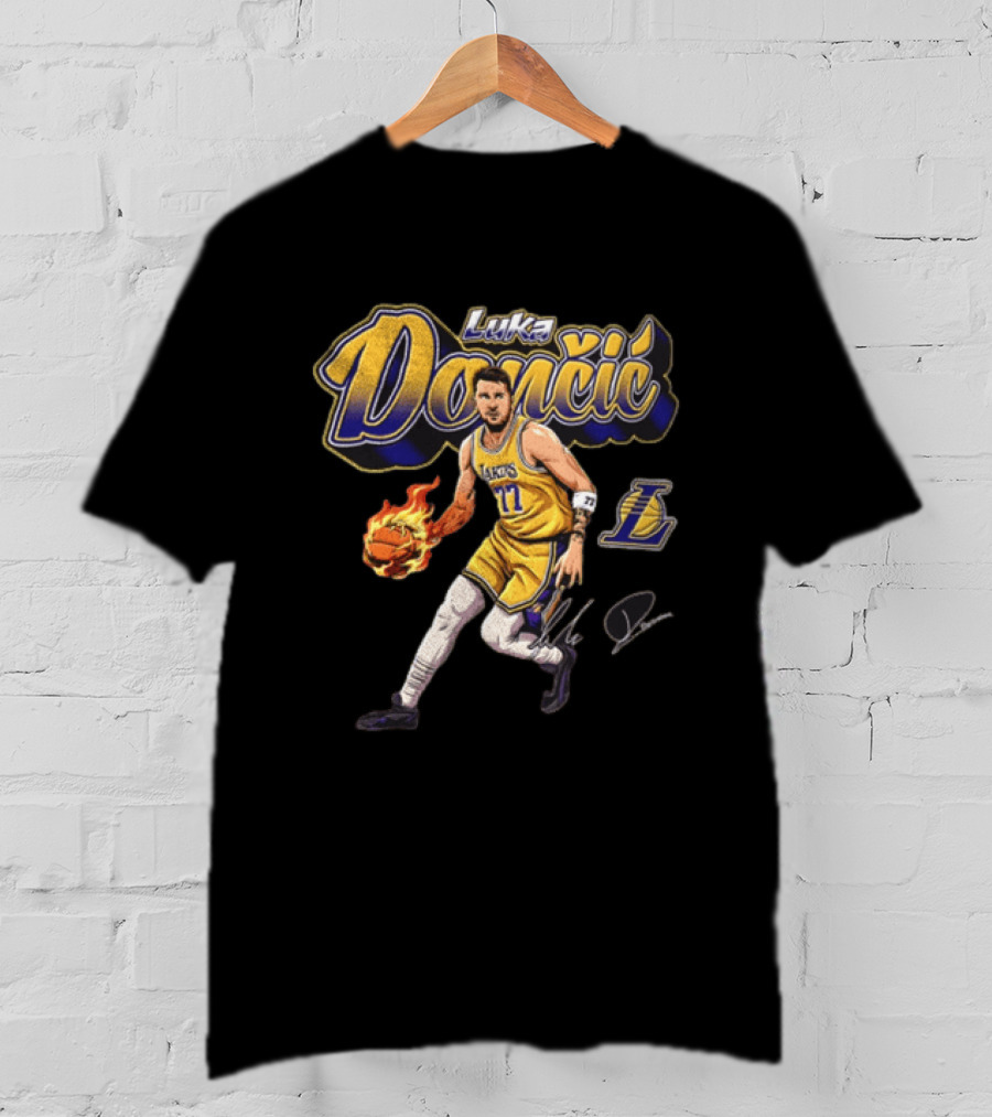 Luka Dončić Los Angeles Lakers Flaming Basketball Dribble NBA Player T-Shirt