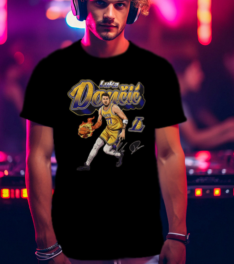Luka Dončić Los Angeles Lakers Flaming Basketball Dribble NBA Player T-Shirt