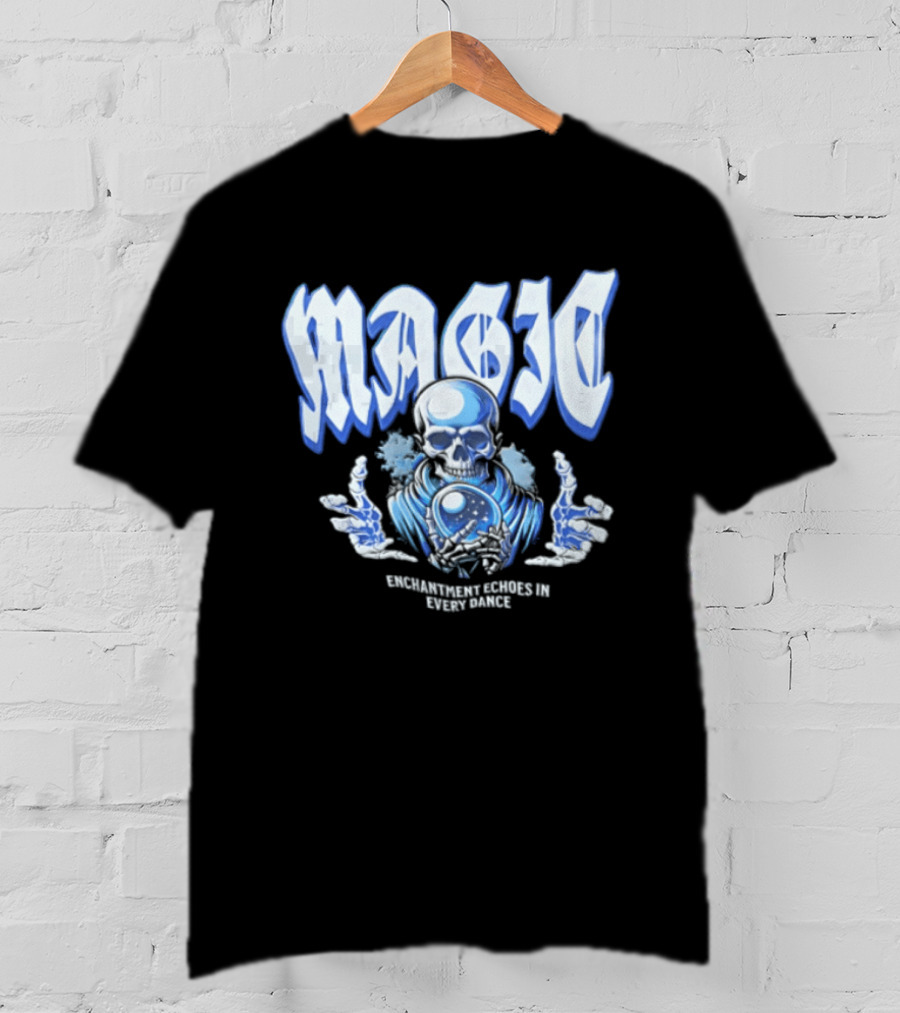 Magic Enchantment Echoes Skeleton Holding Glowing Crystal Ball T-Shirt