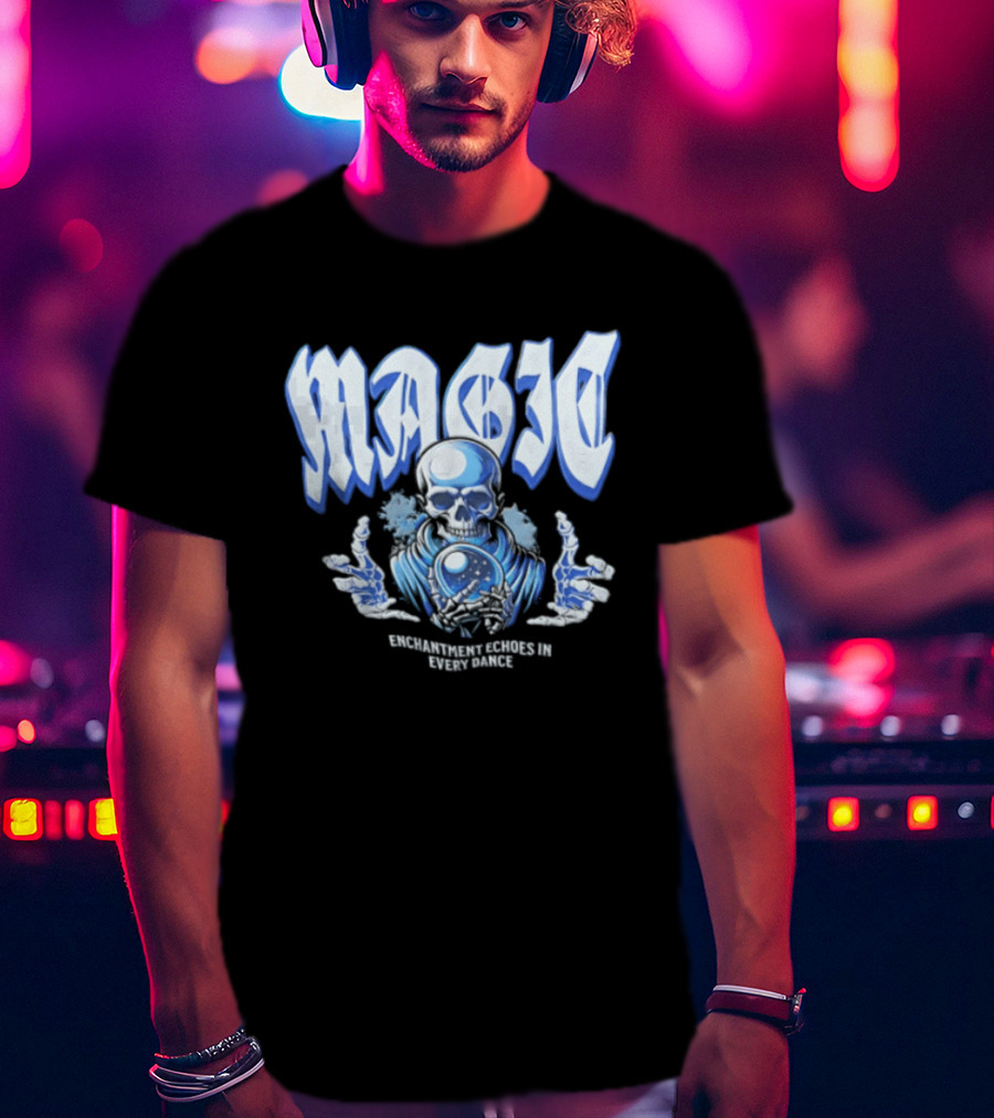 Magic Enchantment Echoes Skeleton Holding Glowing Crystal Ball T-Shirt