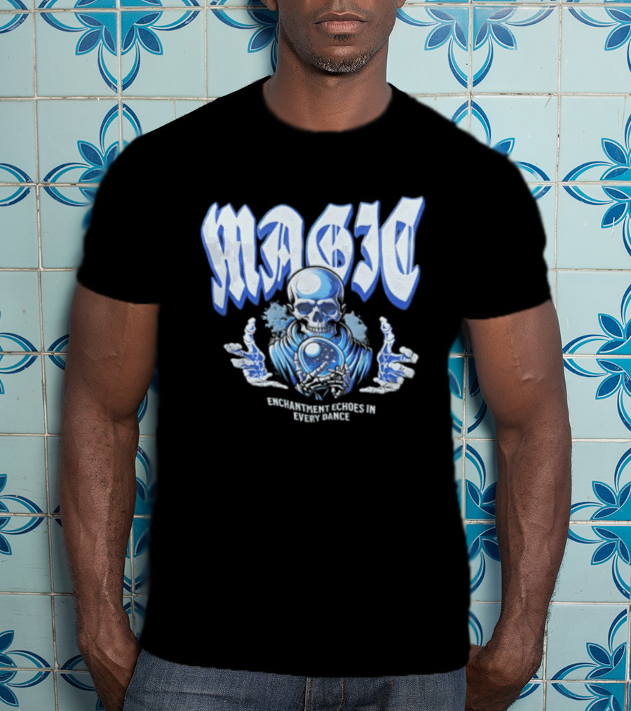 Magic Enchantment Echoes Skeleton Holding Glowing Crystal Ball T-Shirt