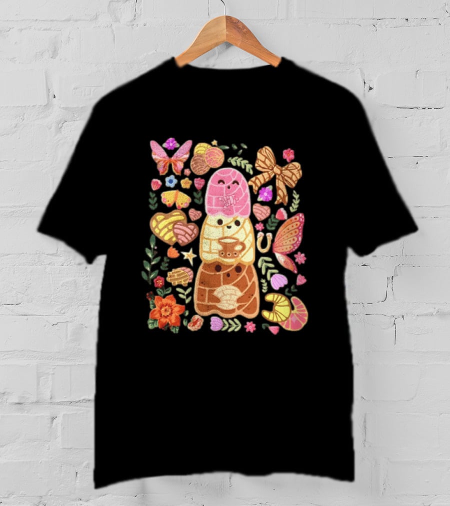 Stacked Concha Bread Characters With Colorful Flowers And Butterflies T-Shirt